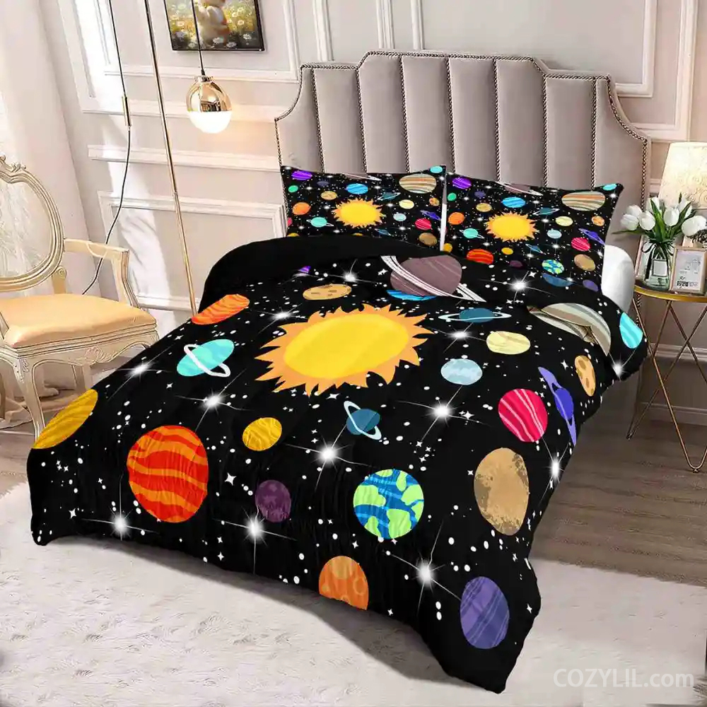 Realistic Planet Orbit & Sparkling Stars Kids Comforter Set | CozyLil
