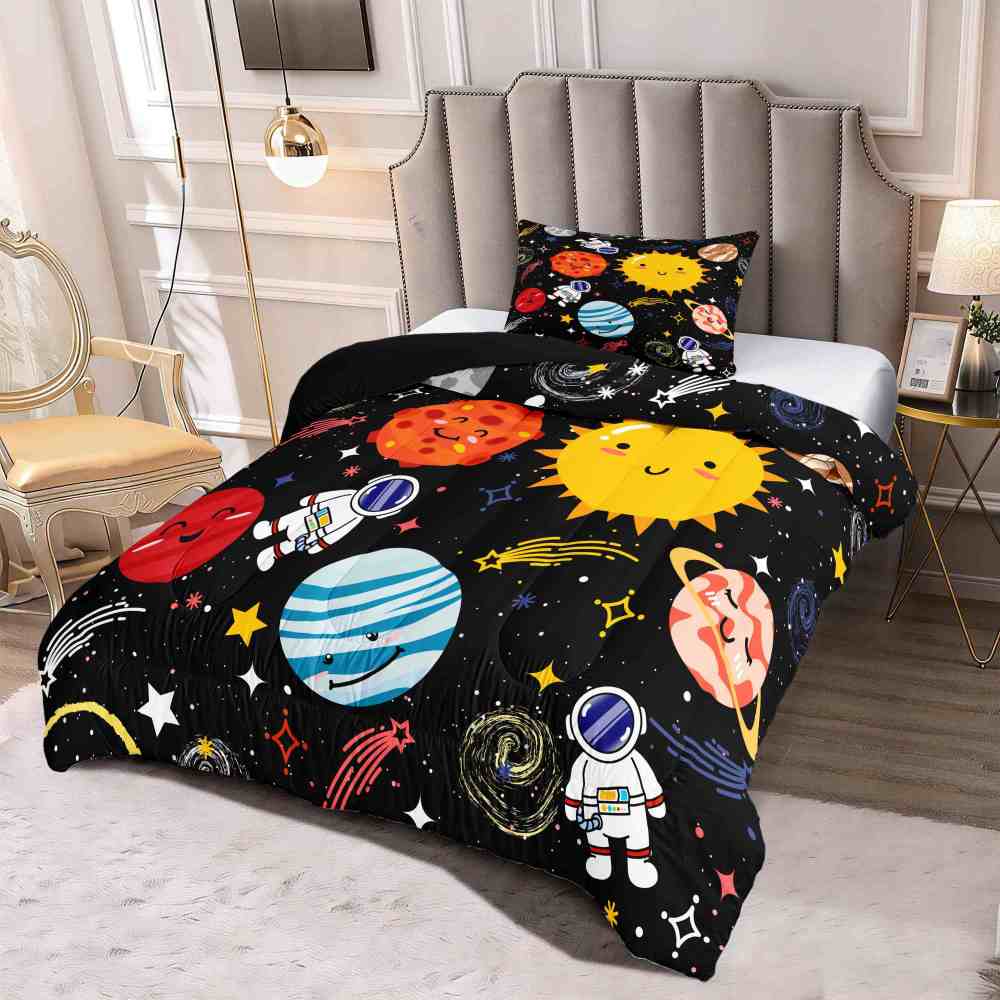 Cute Astronaut & Smiling Planets Kids Comforter Set | CozyLil