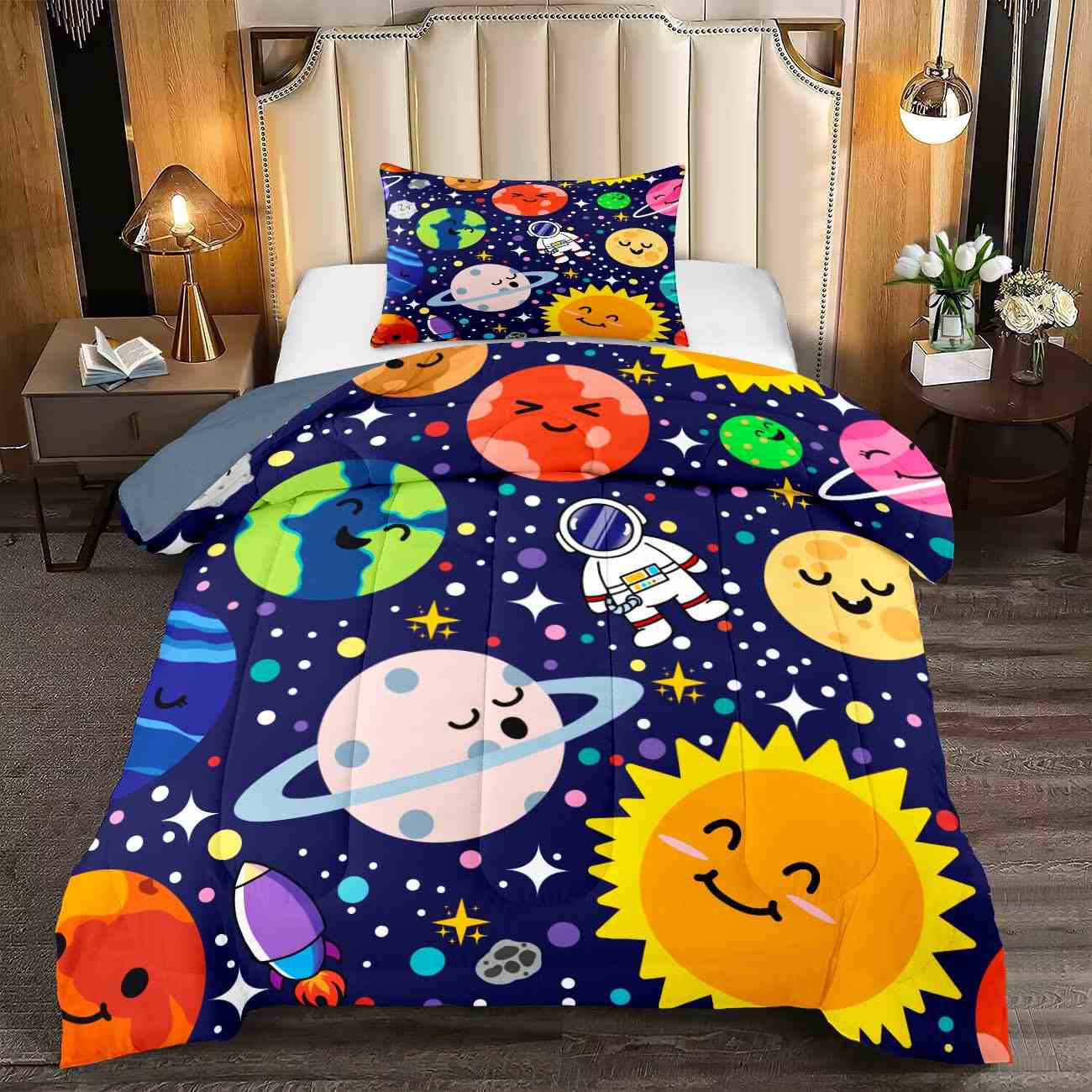 Happy Sun & Starry Galaxy Blue Kids Comforter Set | CozyLil