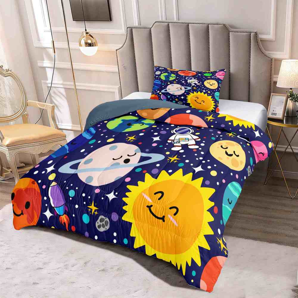 Happy Sun & Starry Galaxy Blue Kids Comforter Set | CozyLil