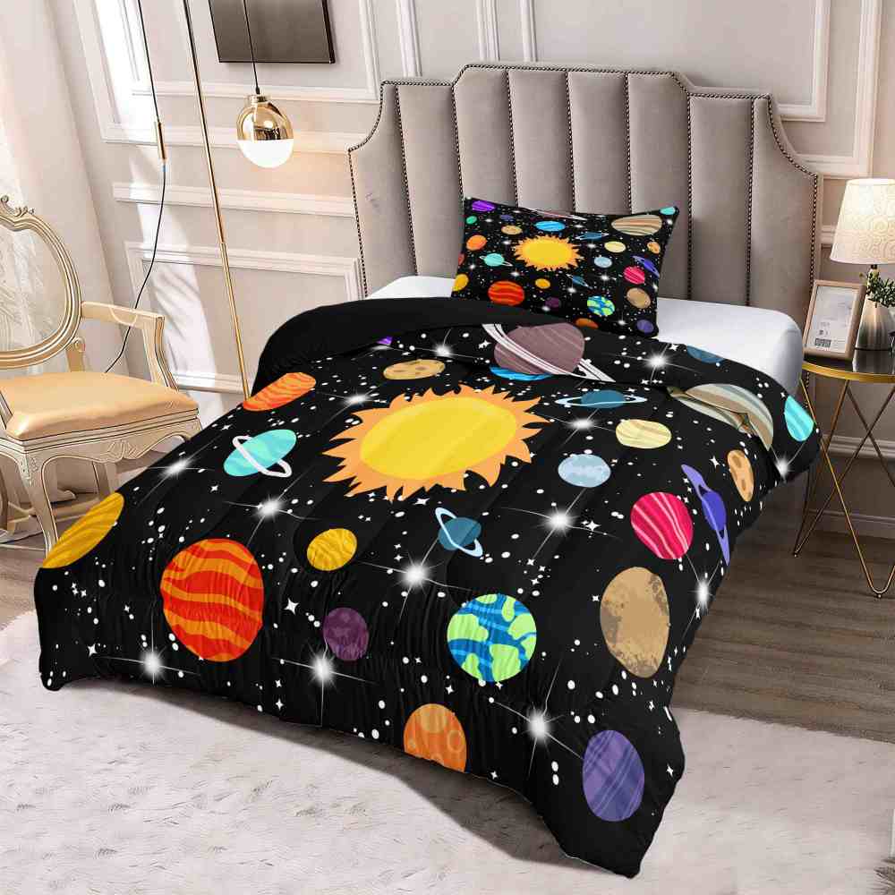 Realistic Planet Orbit & Sparkling Stars Kids Comforter Set | CozyLil