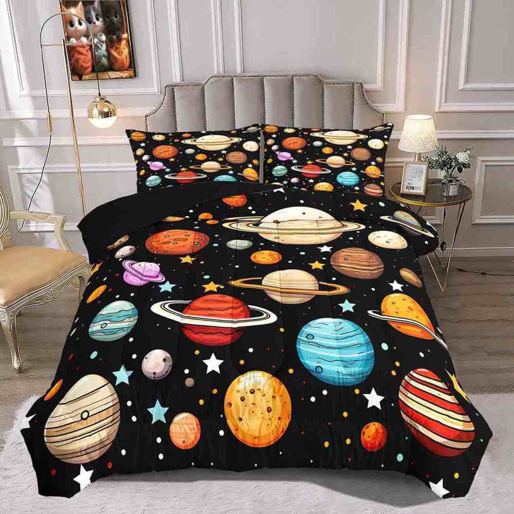 Colorful Cartoon Solar System Comforter Set Kids Galaxy Bedding | CozyLil