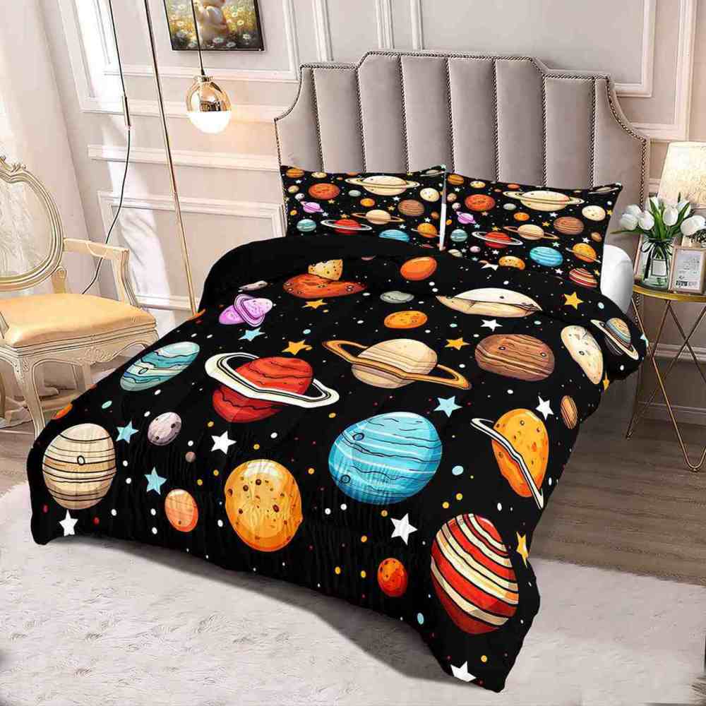 Colorful Cartoon Solar System Comforter Set Kids Galaxy Bedding | CozyLil