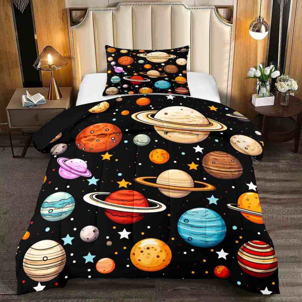 Colorful Cartoon Solar System Comforter Set Kids Galaxy Bedding | CozyLil