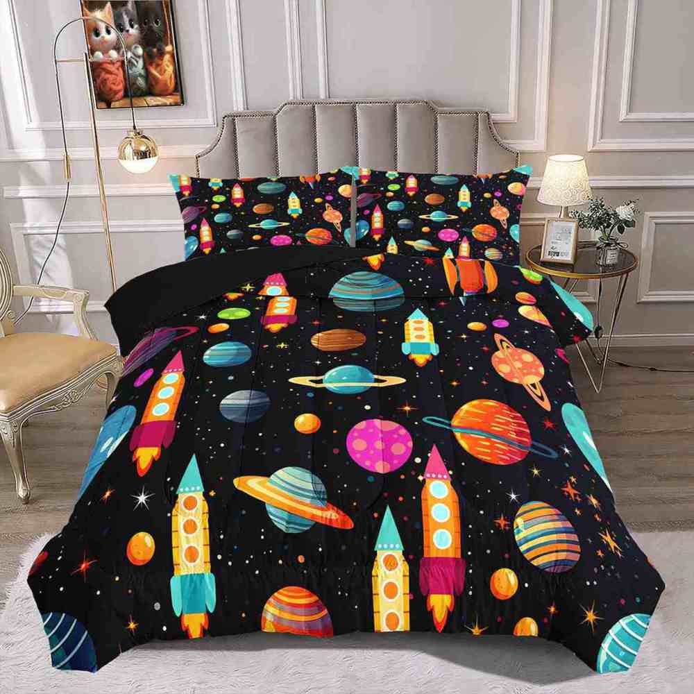 Retro Space Rocket Ship Comforter Set Boys Galaxy Bedding | CozyLil