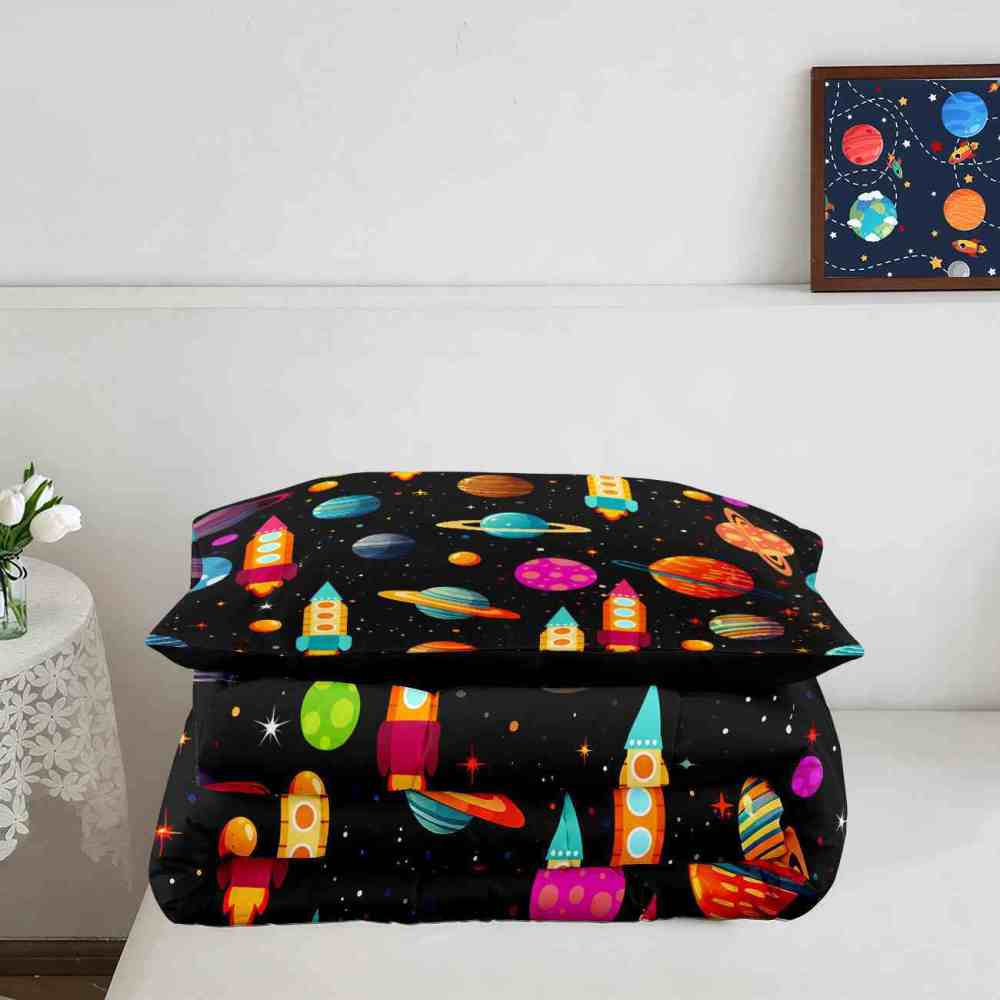 Retro Space Rocket Ship Comforter Set Boys Galaxy Bedding | CozyLil