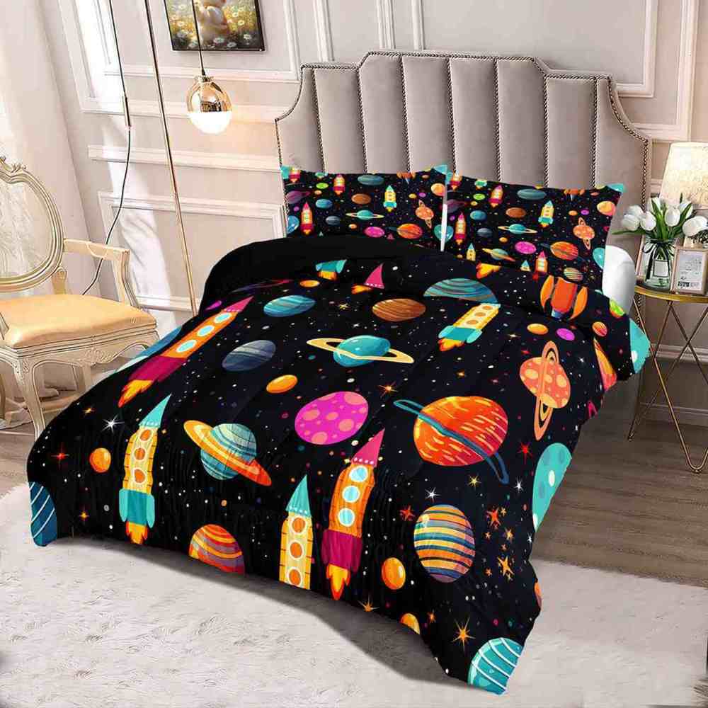 Retro Space Rocket Ship Comforter Set Boys Galaxy Bedding | CozyLil