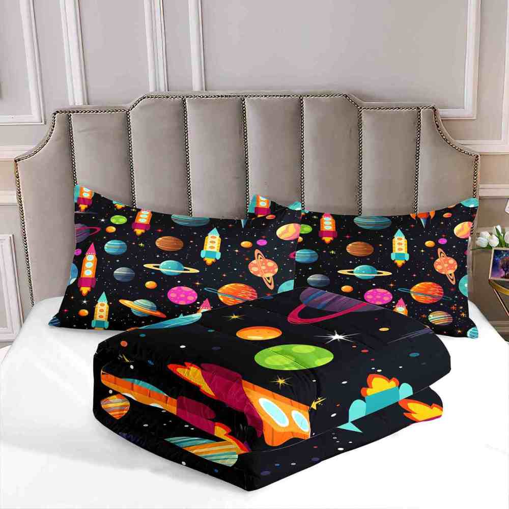 Retro Space Rocket Ship Comforter Set Boys Galaxy Bedding | CozyLil