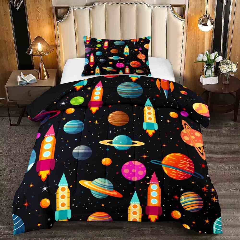 Retro Space Rocket Ship Comforter Set Boys Galaxy Bedding | CozyLil