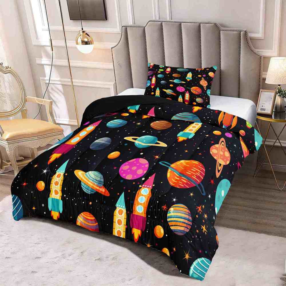 Retro Space Rocket Ship Comforter Set Boys Galaxy Bedding | CozyLil