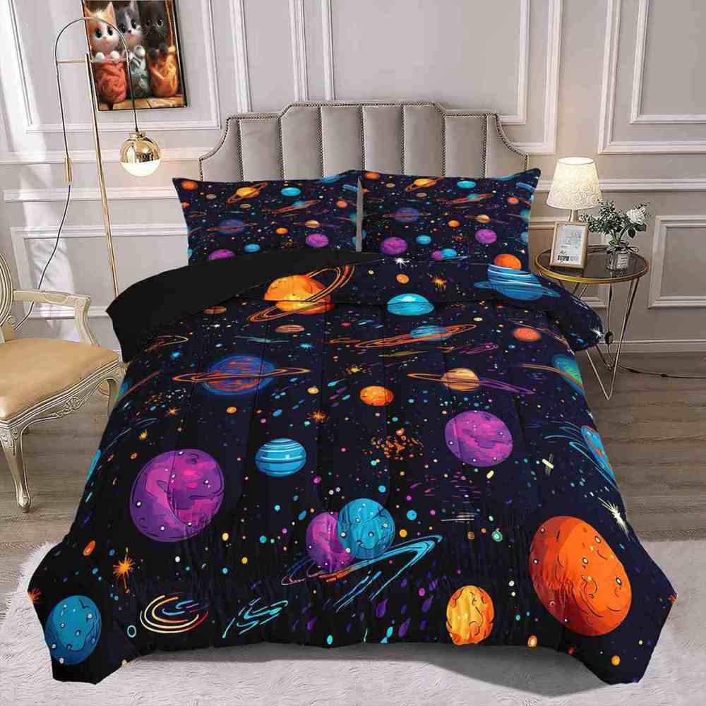 Artistic Floating Planets Comforter Set Teens Galaxy Bedding | CozyLil