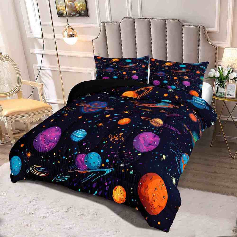 Artistic Floating Planets Comforter Set Teens Galaxy Bedding | CozyLil