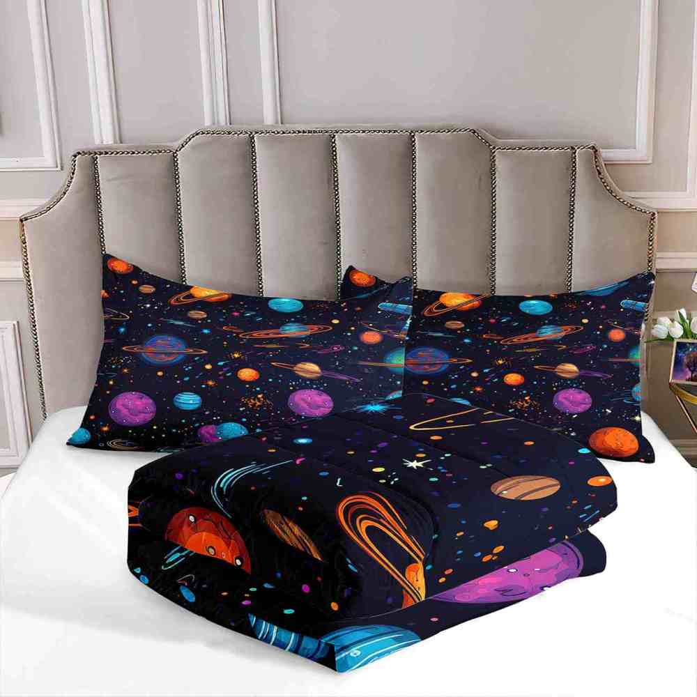 Artistic Floating Planets Comforter Set Teens Galaxy Bedding | CozyLil