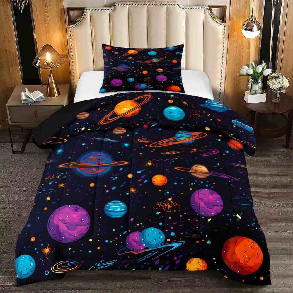 Artistic Floating Planets Comforter Set Teens Galaxy Bedding | CozyLil