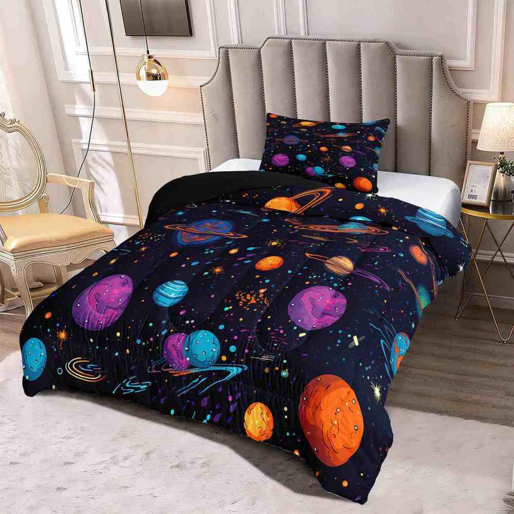 Artistic Floating Planets Comforter Set Teens Galaxy Bedding | CozyLil
