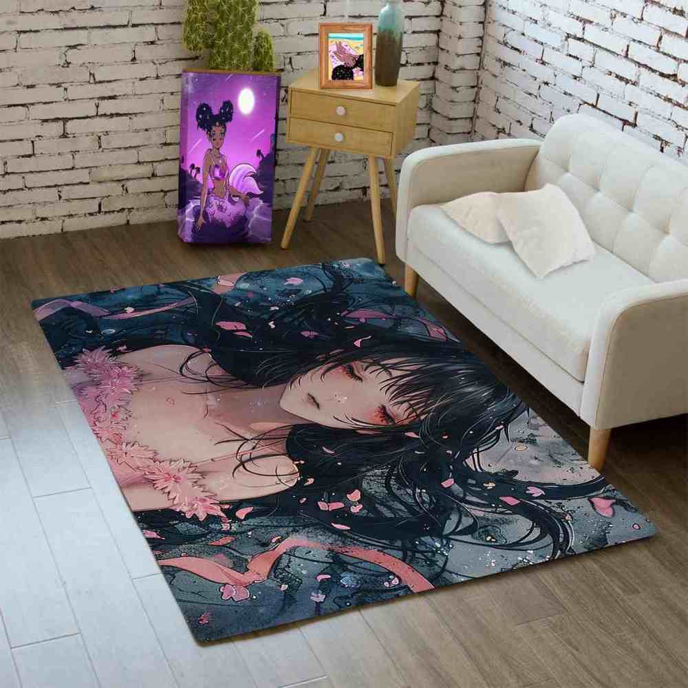 Anime Girl Cherry Blossom Petal Area Rug Teen Bedroom Decor | CozyLil