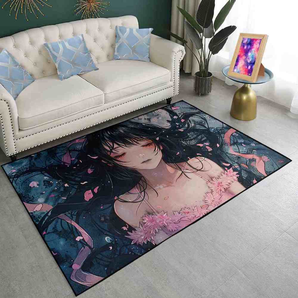 Anime Girl Cherry Blossom Petal Area Rug Teen Bedroom Decor | CozyLil