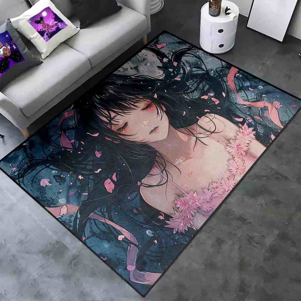Anime Girl Cherry Blossom Petal Area Rug Teen Bedroom Decor | CozyLil