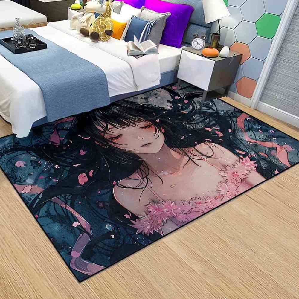 Anime Girl Cherry Blossom Petal Area Rug Teen Bedroom Decor | CozyLil