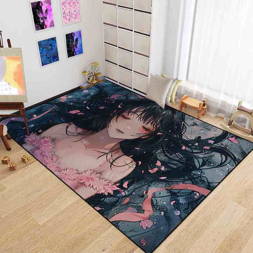 Anime Girl Cherry Blossom Petal Area Rug Teen Bedroom Decor | CozyLil