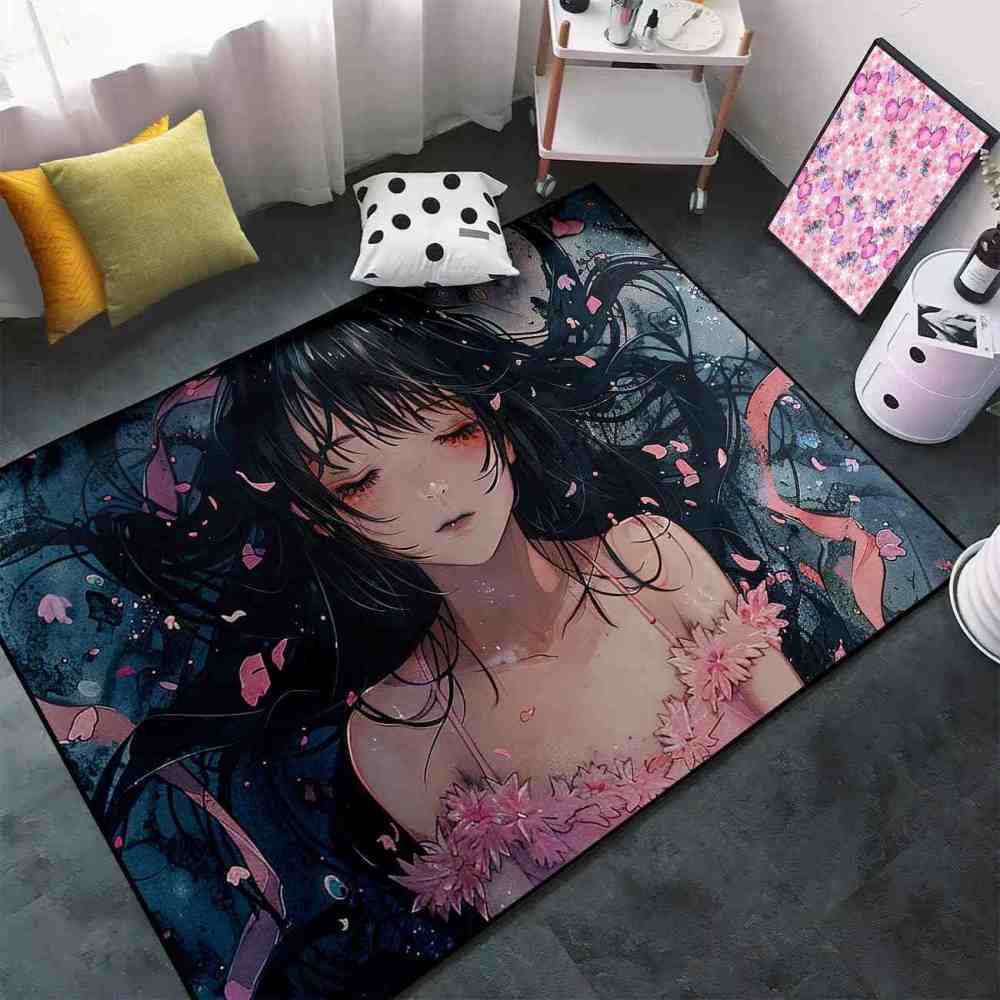 Anime Girl Cherry Blossom Petal Area Rug Teen Bedroom Decor | CozyLil