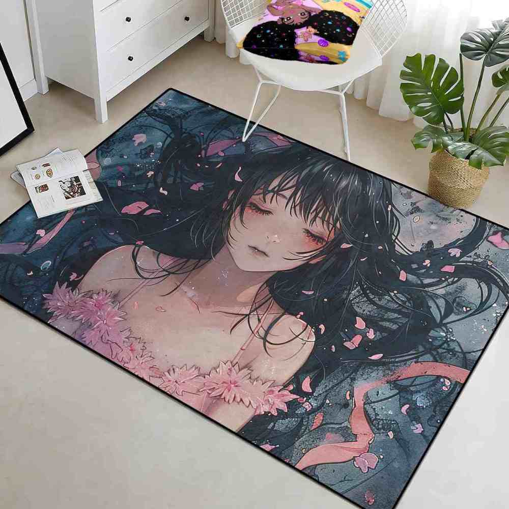 Anime Girl Cherry Blossom Petal Area Rug Teen Bedroom Decor | CozyLil