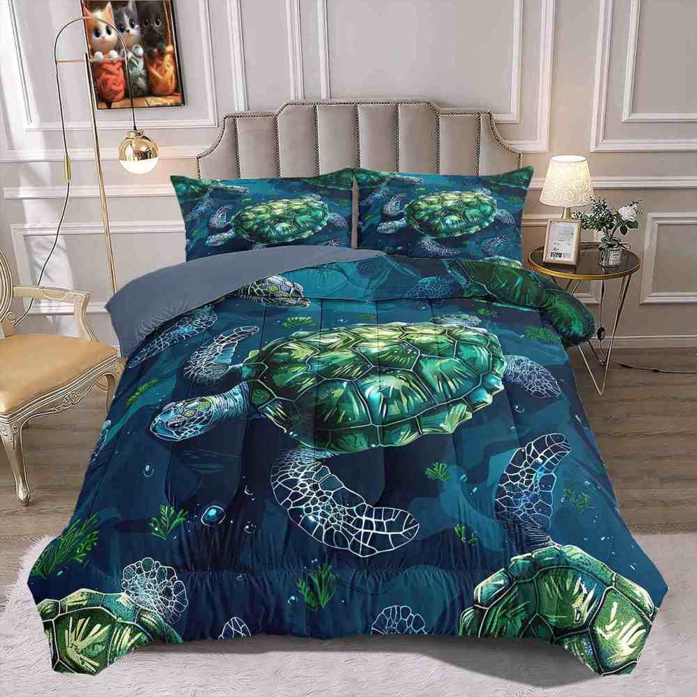 Emerald Green Tropical Sea Turtle Reef Comforter Set | CozyLil