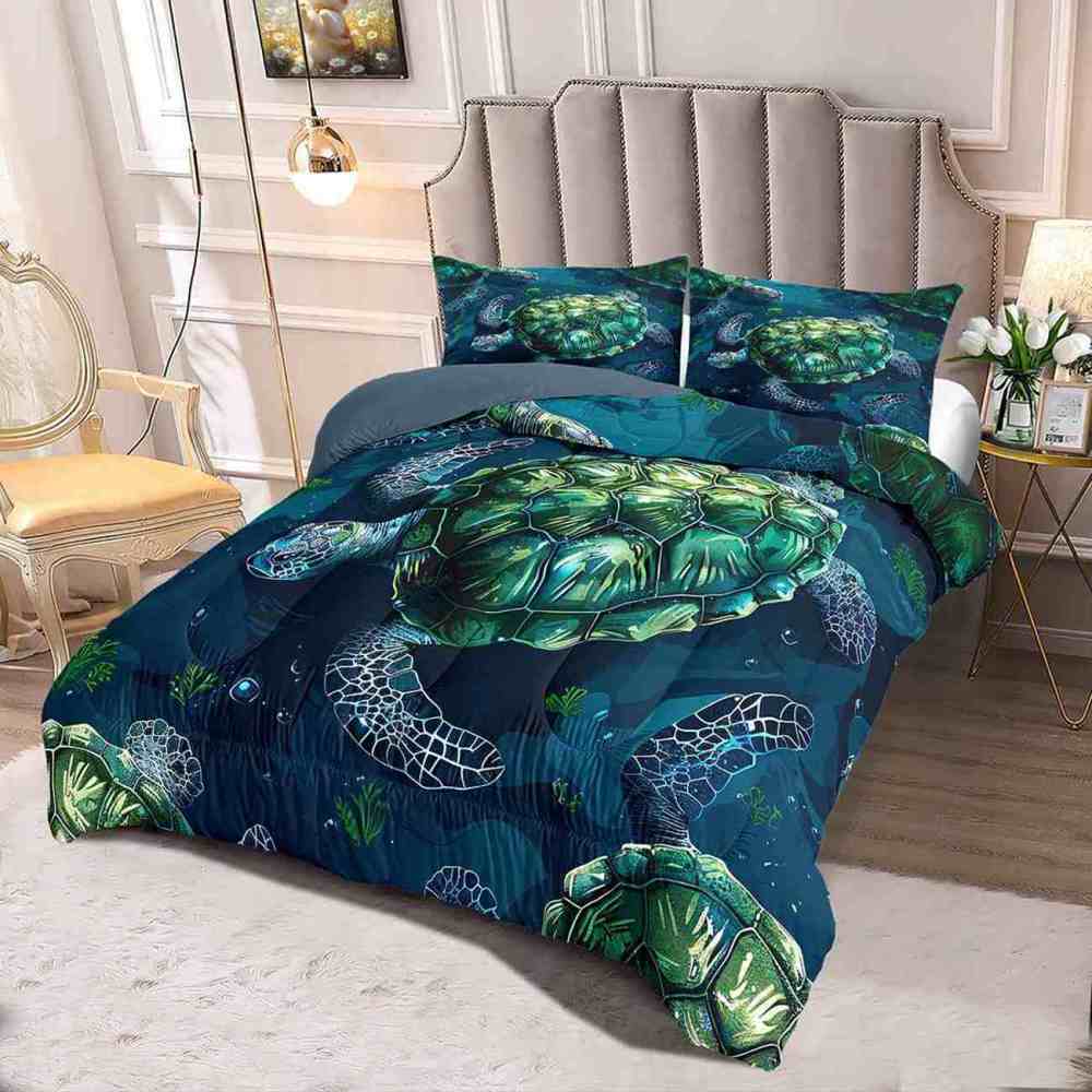 Emerald Green Tropical Sea Turtle Reef Comforter Set | CozyLil