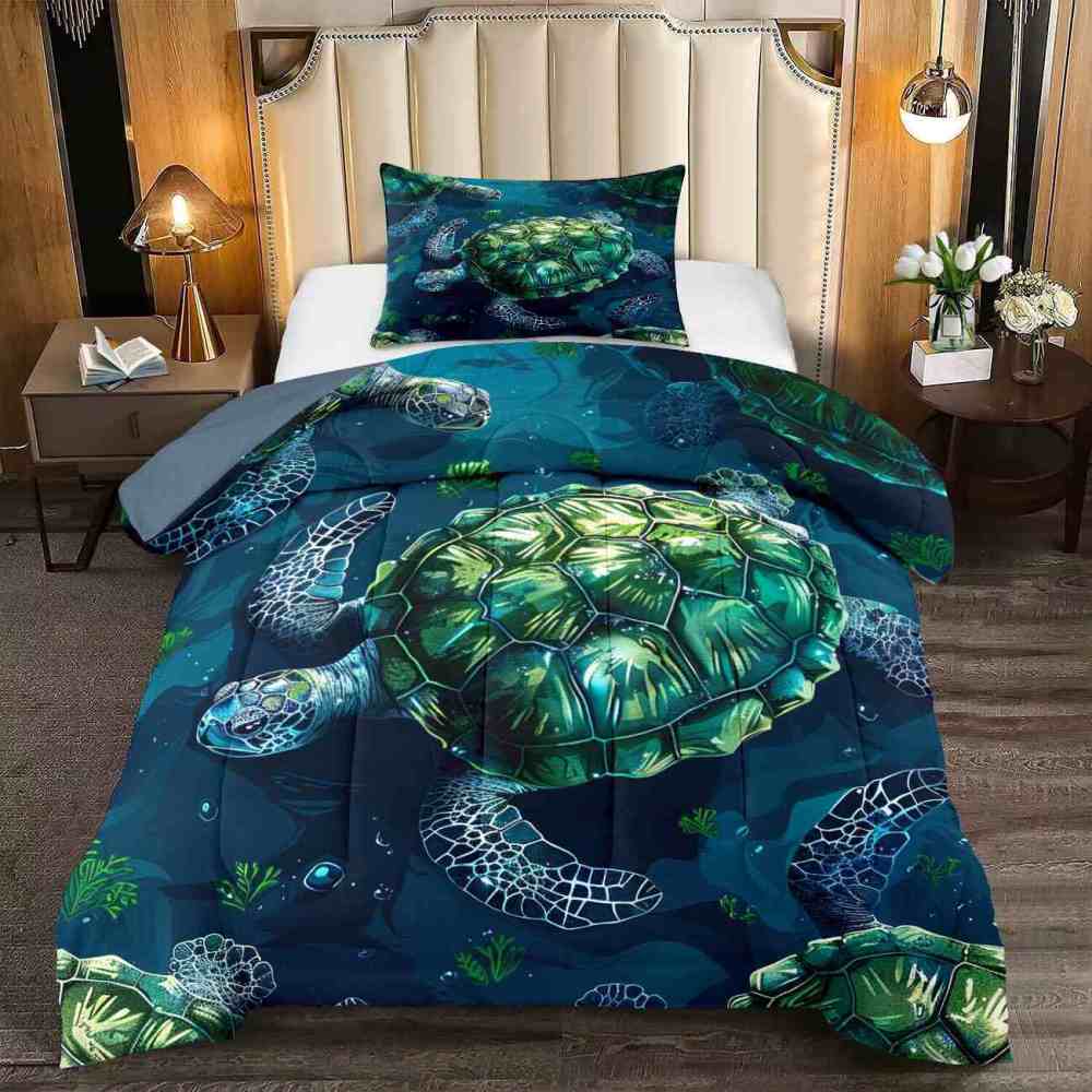 Emerald Green Tropical Sea Turtle Reef Comforter Set | CozyLil