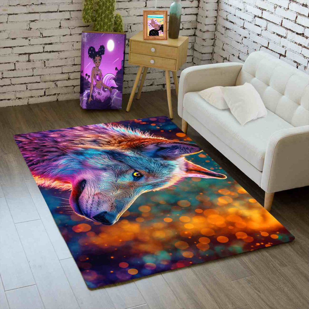 Neon Bokeh Spirit Wolf Gamer Room Carpet | CozyLil