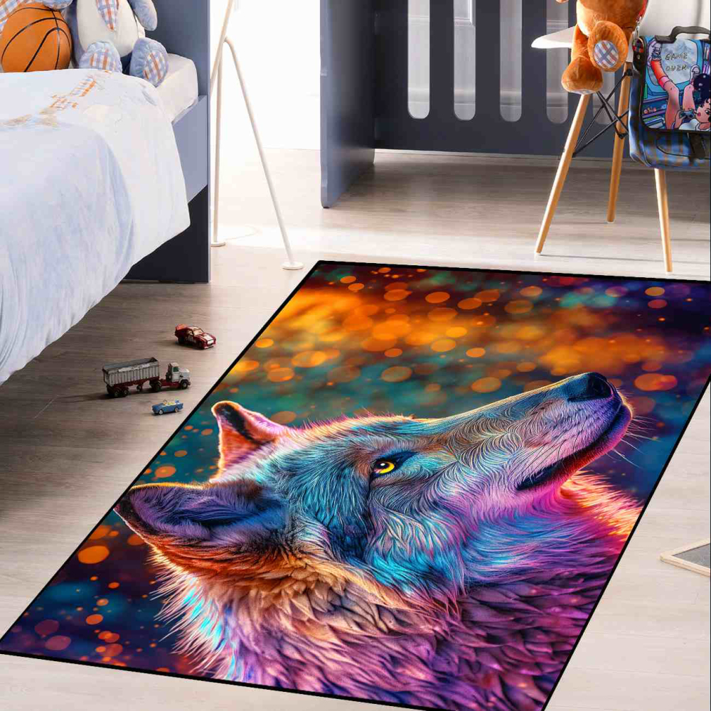 Neon Bokeh Spirit Wolf Gamer Room Carpet | CozyLil