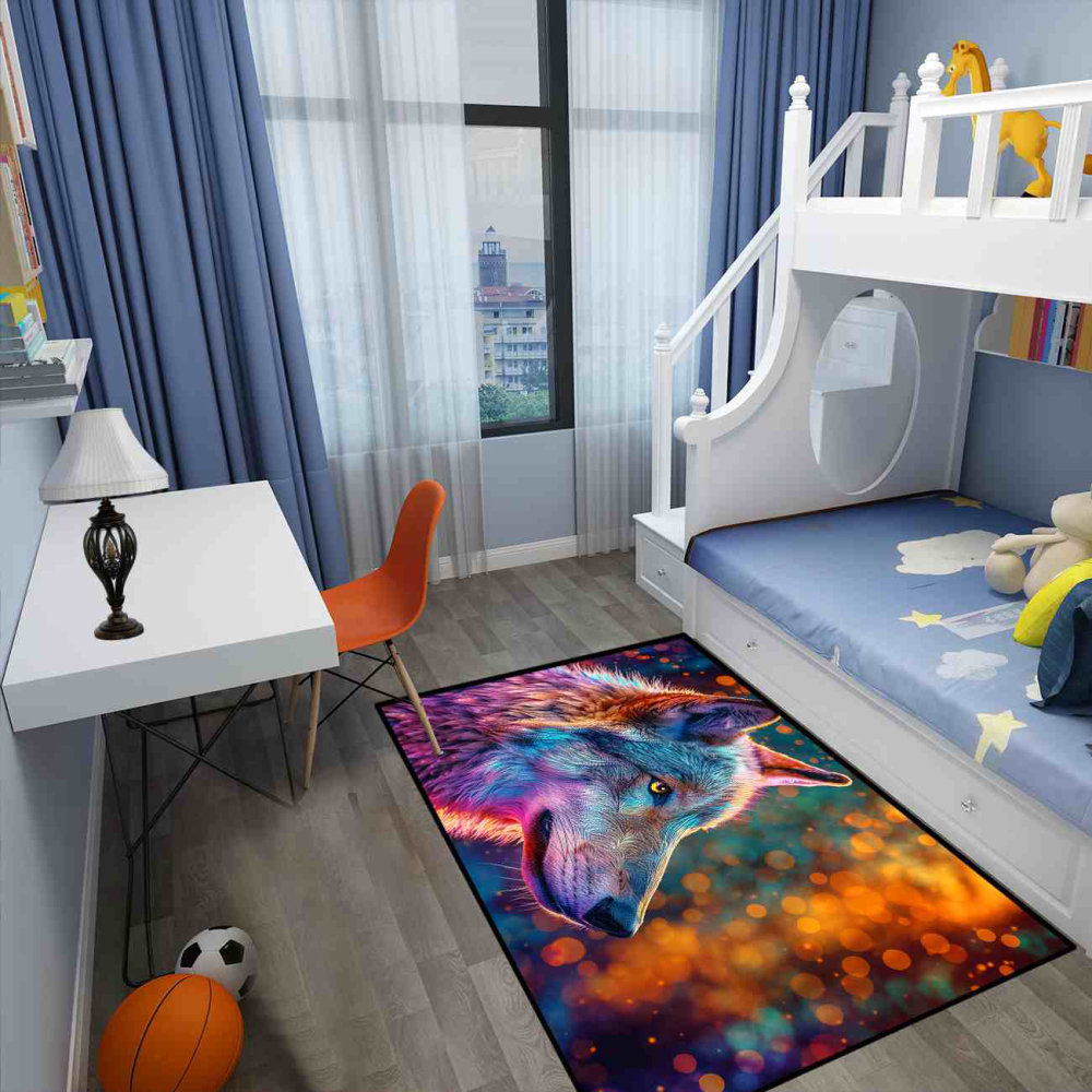 Neon Bokeh Spirit Wolf Gamer Room Carpet | CozyLil