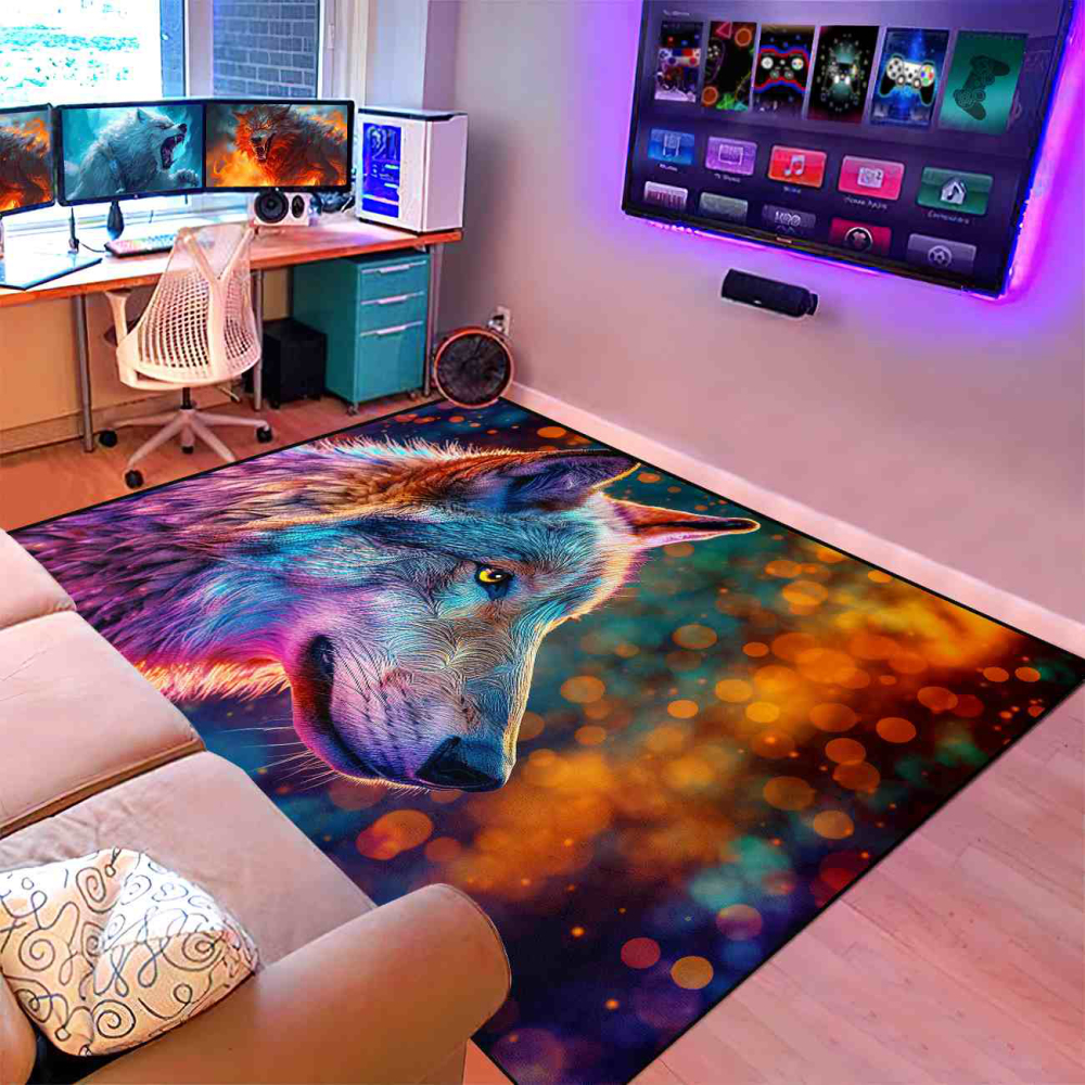 Neon Bokeh Spirit Wolf Gamer Room Carpet | CozyLil