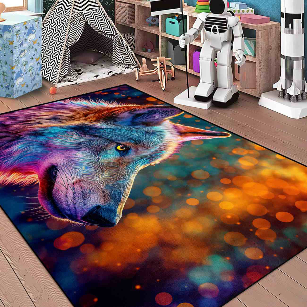Neon Bokeh Spirit Wolf Gamer Room Carpet | CozyLil