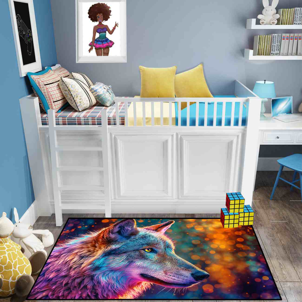 Neon Bokeh Spirit Wolf Gamer Room Carpet | CozyLil