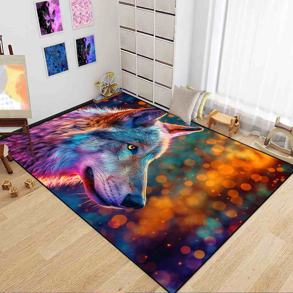 Neon Bokeh Spirit Wolf Gamer Room Carpet | CozyLil