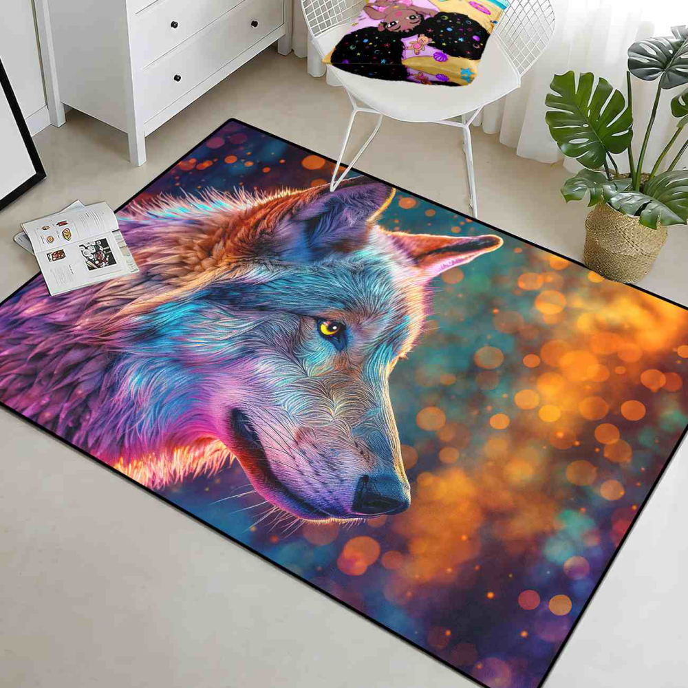 Neon Bokeh Spirit Wolf Gamer Room Carpet | CozyLil