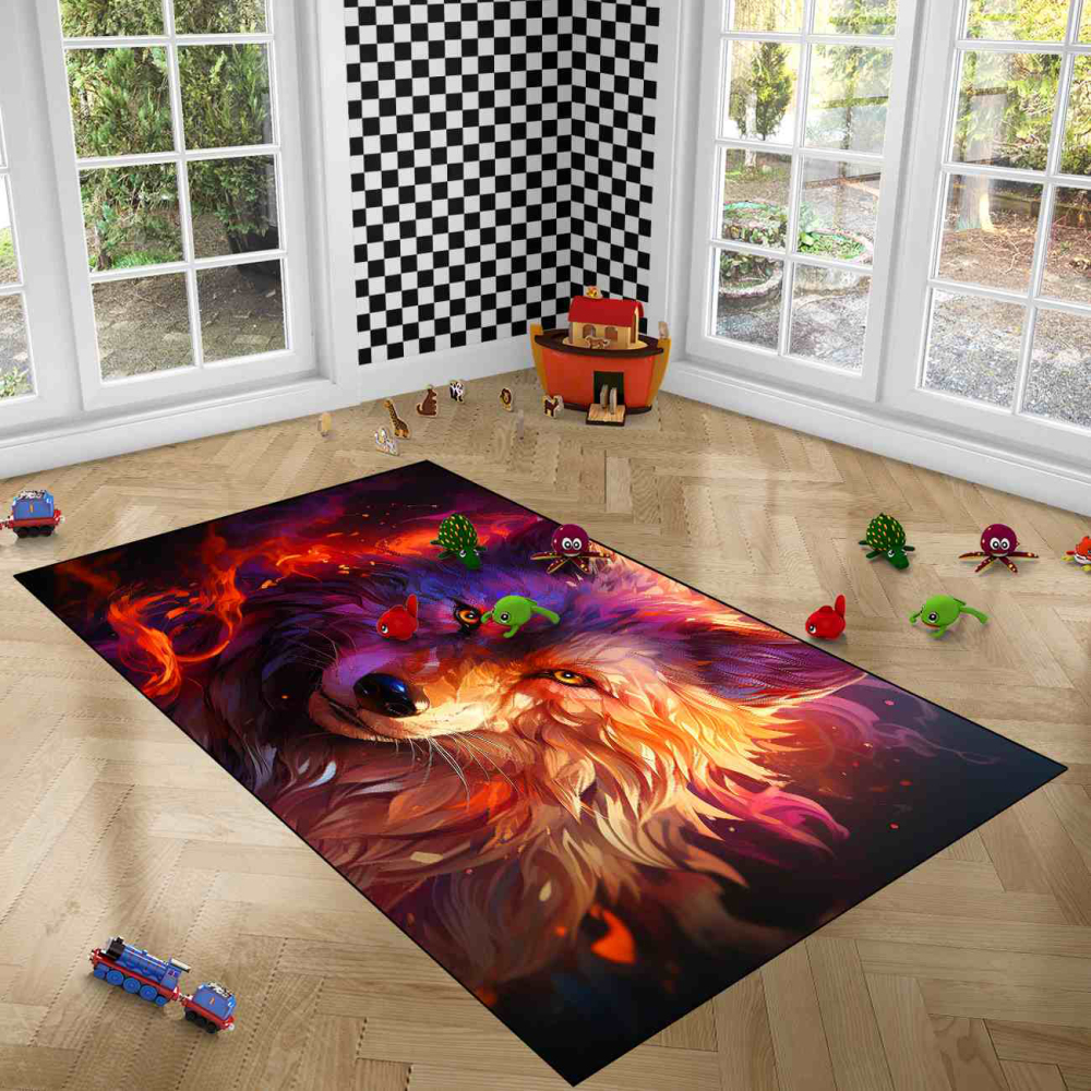 Fiery Violet Abstract Wolf Gamer Room Carpet | CozyLil
