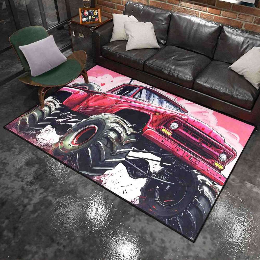 Red Giant Wheel Truck Pink Background Rug Girls Decor | CozyLil
