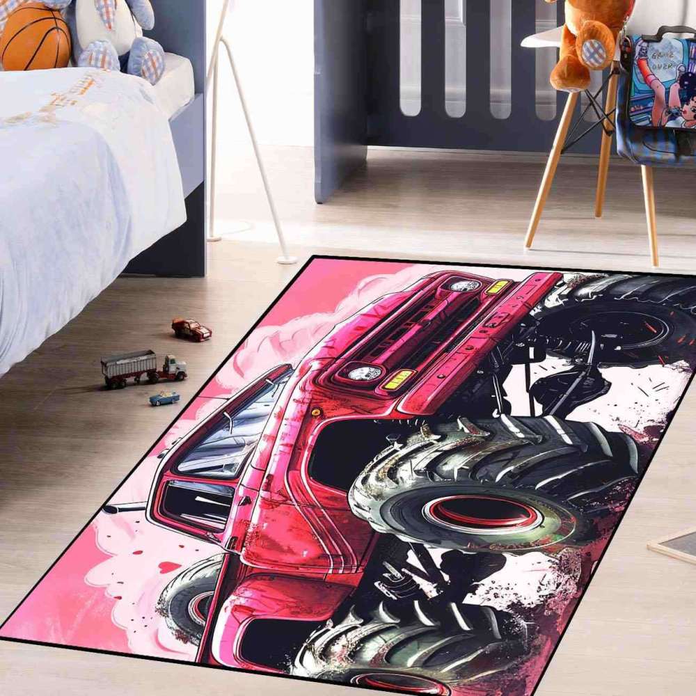 Red Giant Wheel Truck Pink Background Rug Girls Decor | CozyLil