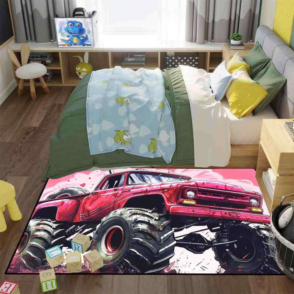 Red Giant Wheel Truck Pink Background Rug Girls Decor | CozyLil