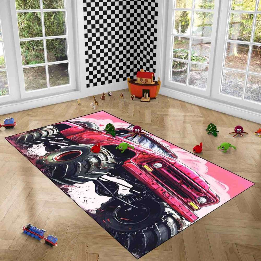 Red Giant Wheel Truck Pink Background Rug Girls Decor | CozyLil