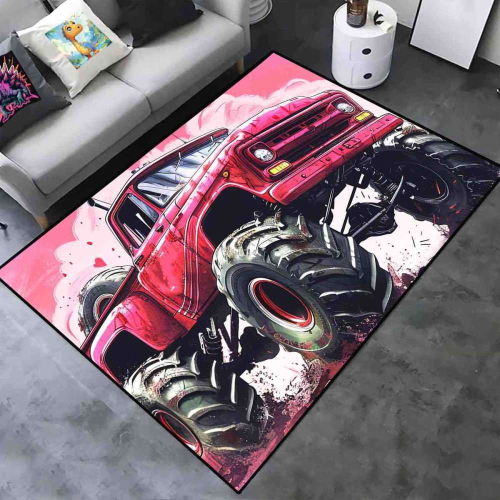Red Giant Wheel Truck Pink Background Rug Girls Decor | CozyLil