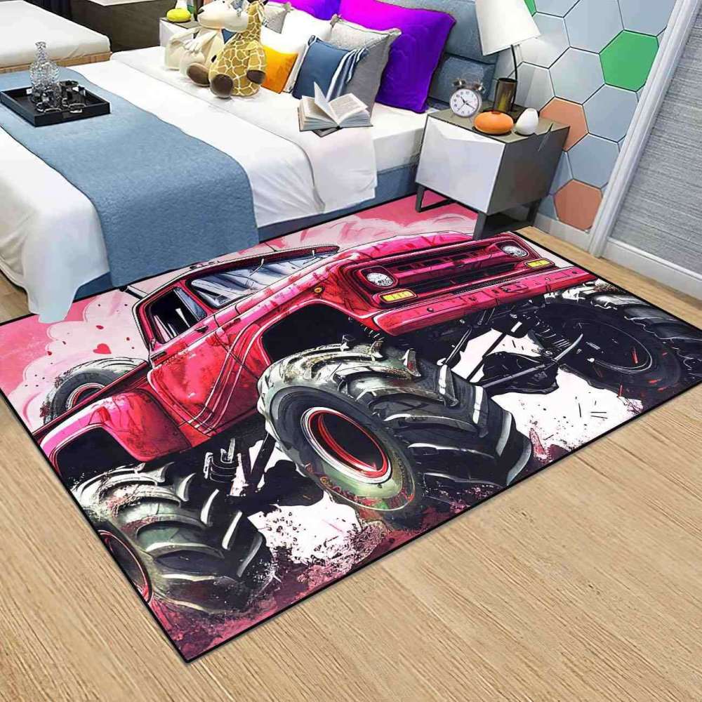Red Giant Wheel Truck Pink Background Rug Girls Decor | CozyLil