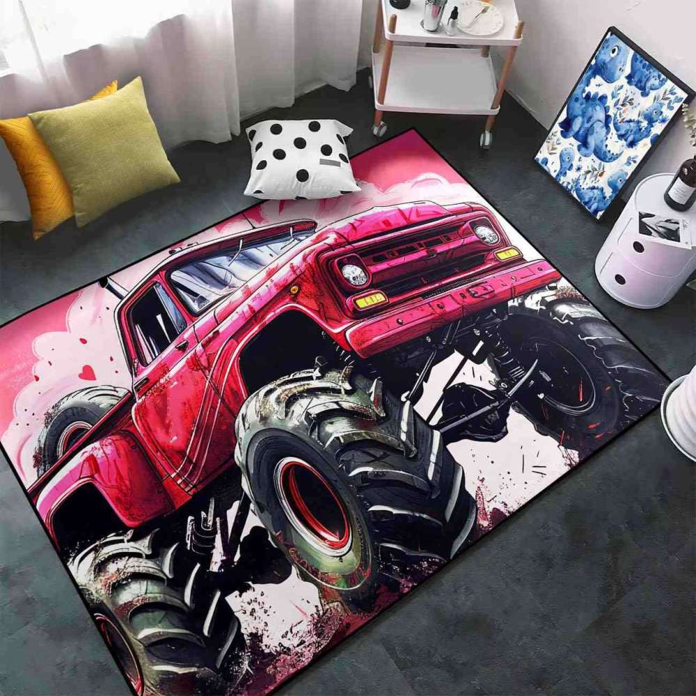 Red Giant Wheel Truck Pink Background Rug Girls Decor | CozyLil