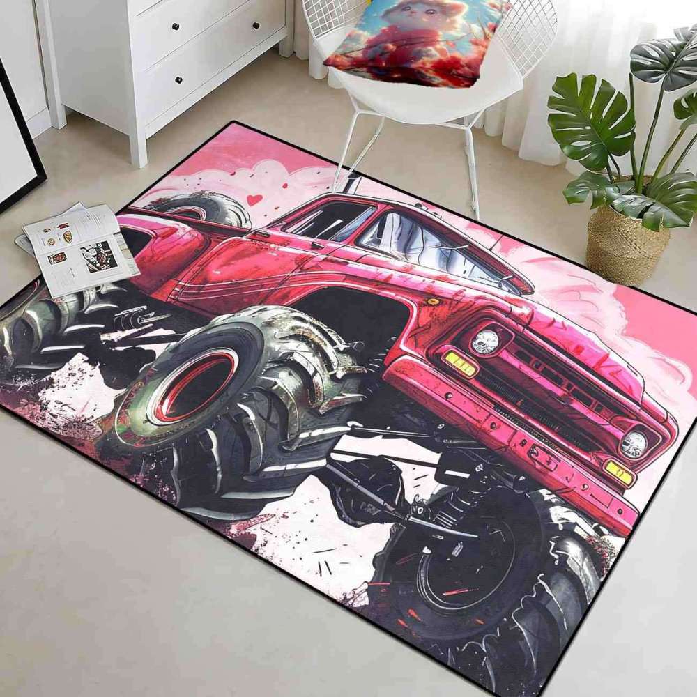 Red Giant Wheel Truck Pink Background Rug Girls Decor | CozyLil