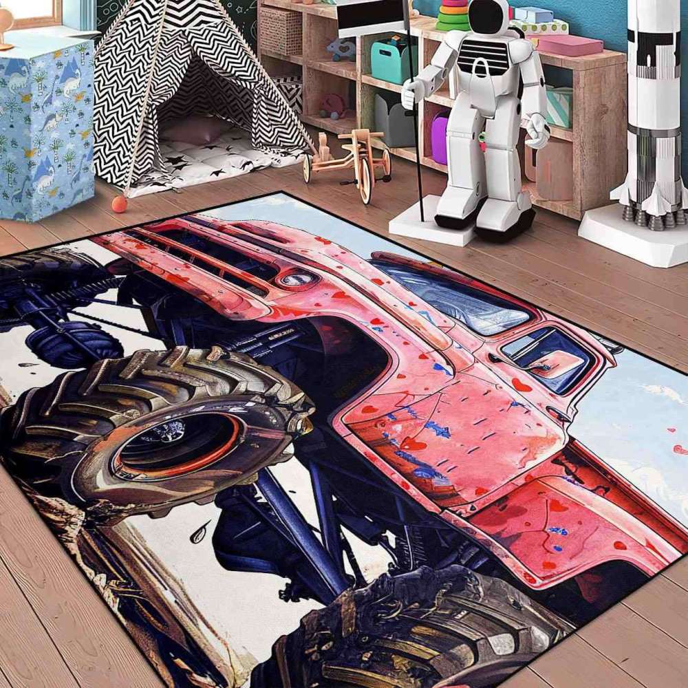 Heart Splatter Giant Wheel Truck Rug Kids Room Decor | CozyLil