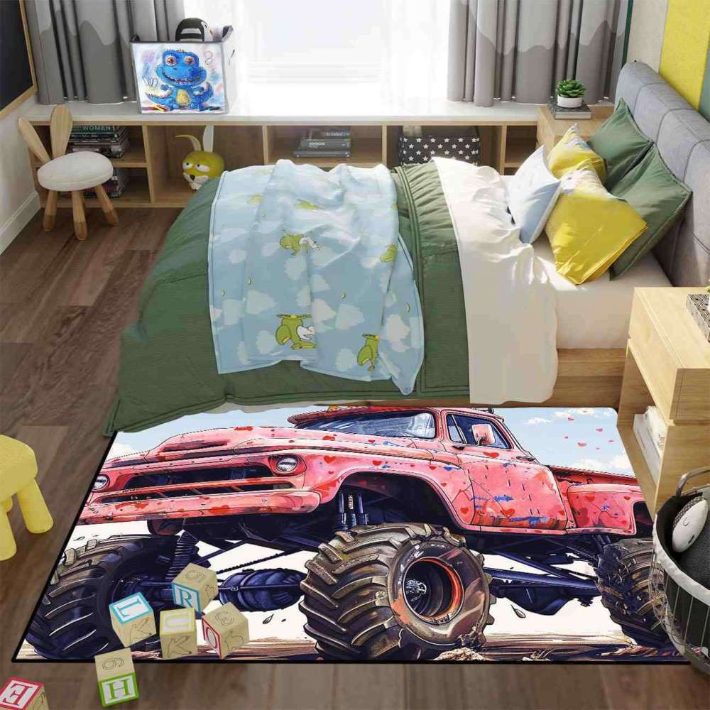 Heart Splatter Giant Wheel Truck Rug Kids Room Decor | CozyLil