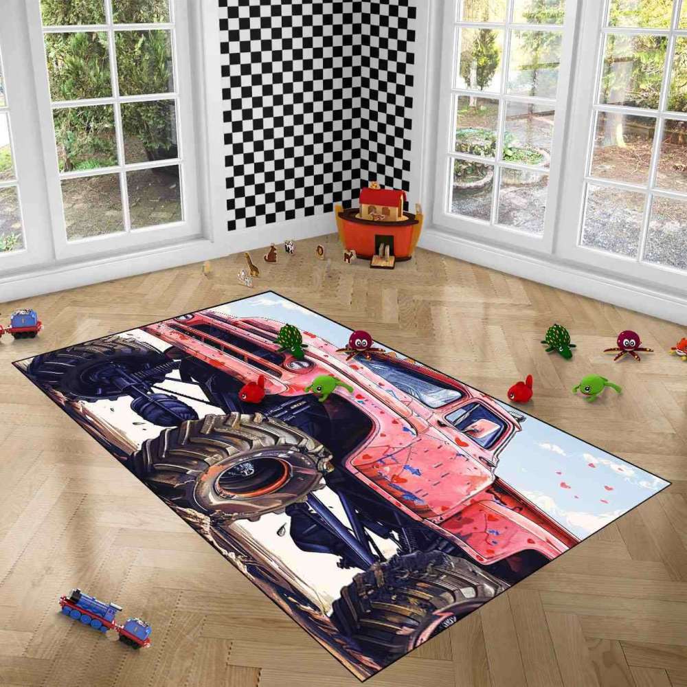 Heart Splatter Giant Wheel Truck Rug Kids Room Decor | CozyLil