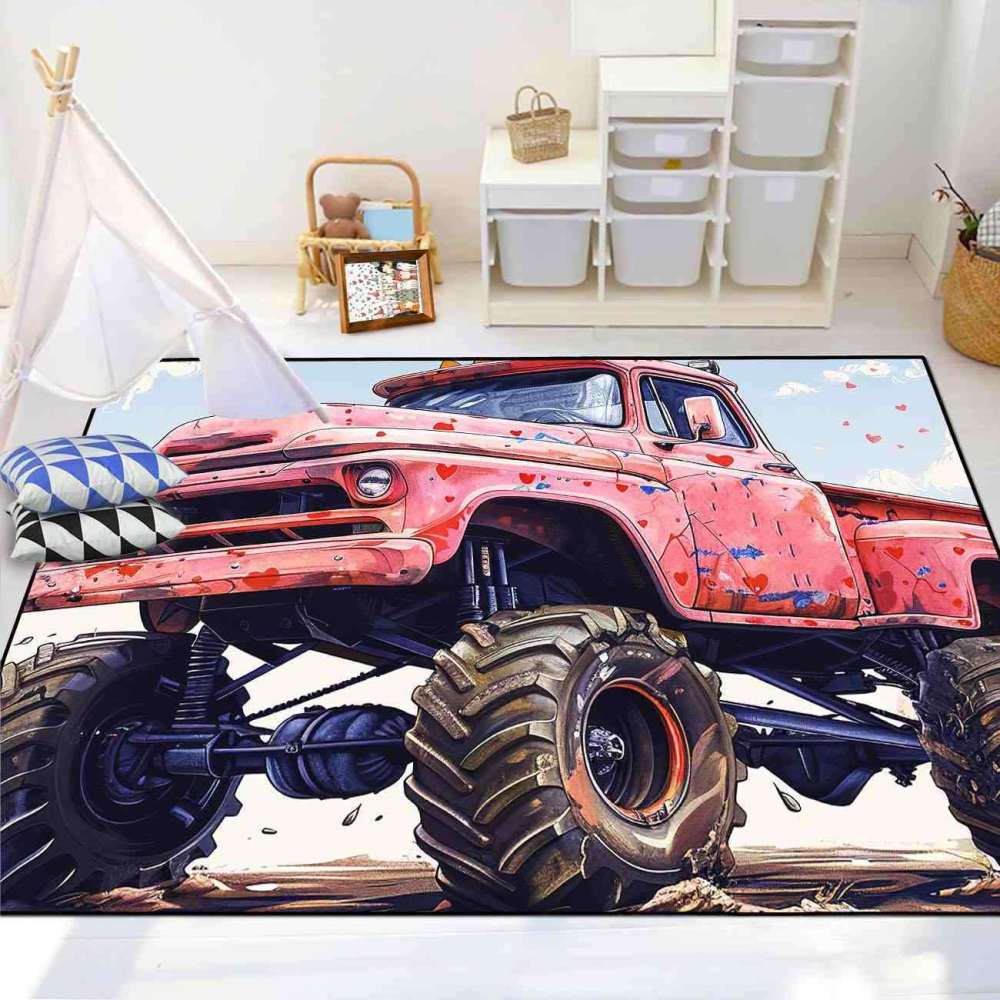 Heart Splatter Giant Wheel Truck Rug Kids Room Decor | CozyLil